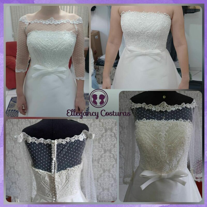 remodelagem em vestido de noiva confeccionando corpo de tule e poa mangas e bordados e1666200246311