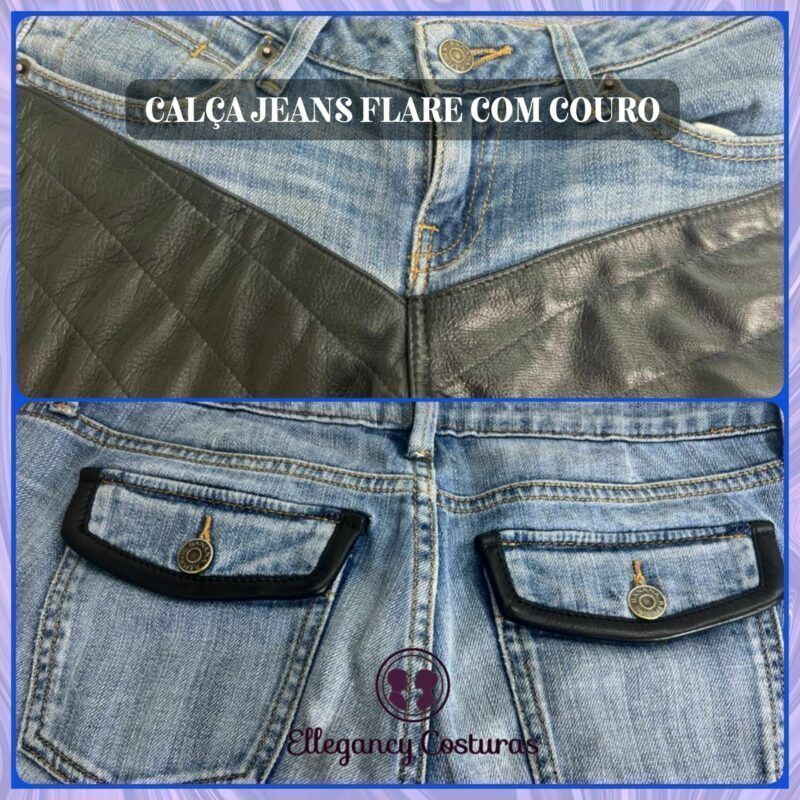 Calca jeans flare com couro e1672320134134