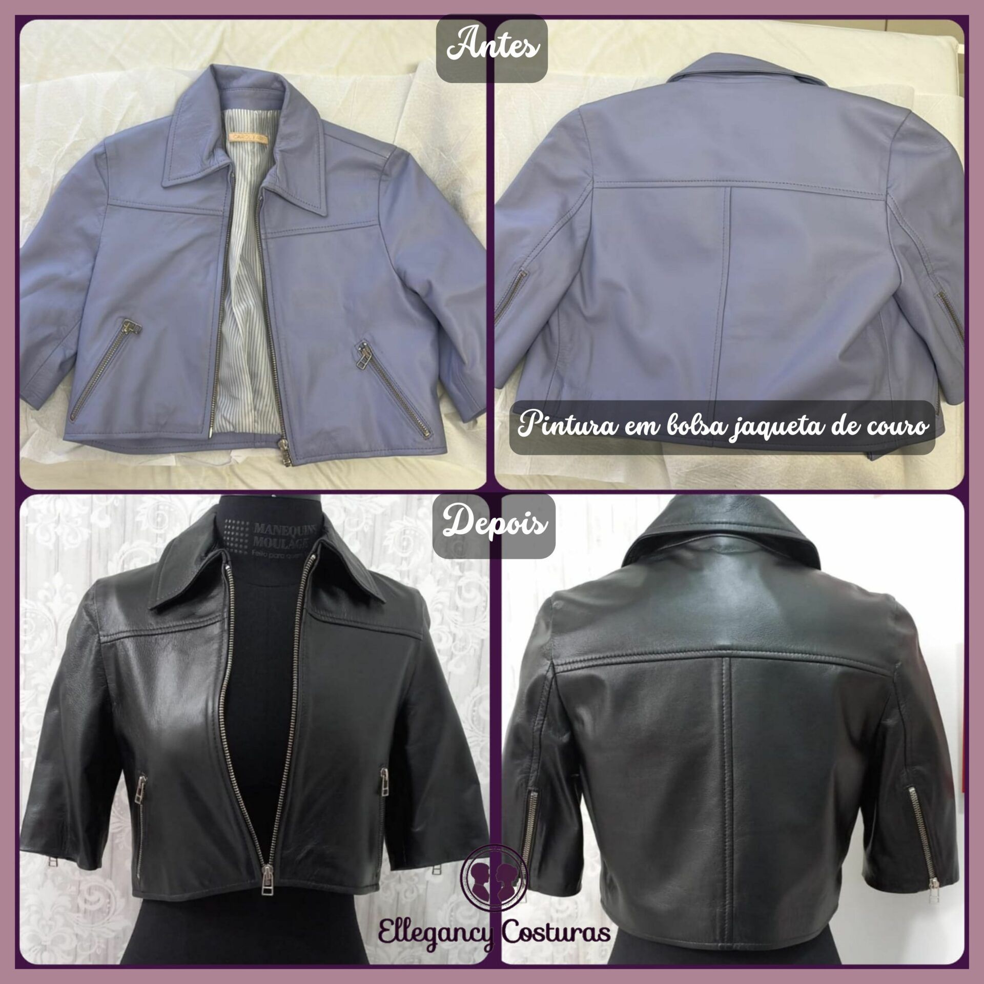 pintura em jaqueta de couro antes e depois na ellegancy costuras