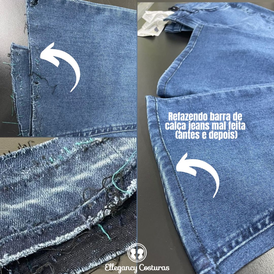 refazendo barra de calca jeans mal feita antes e depois
